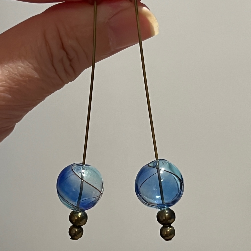 New Beautiful Blue & Grey Swirled Glass Globe Earrings